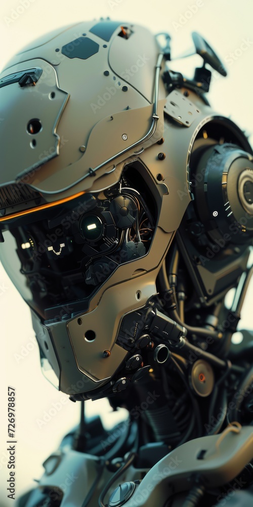 Poster This image shows a close-up of a highly detailed robotic head with mechanical components and orange lights., generative ai