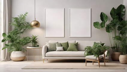 ISO A paper size frame mockup showcasing a living room poster with a botanical bliss theme, placed within a modern interior adorned with lush greenery for a fresh and serene 3D render.