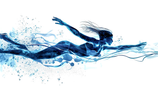 Abstract monochromatic blue image of a slender female swimmer in a bikini, gliding through swirling water
