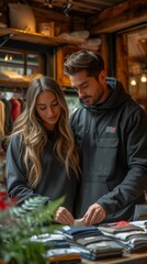 Fototapeta premium Two individuals are browsing through items in a cozy, well-lit store with wooden interior elements., generative ai