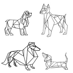 Set of dog isolated on white background. Dog  triangular icon set, geometric trendy line design.  illustration for tattoo or coloring book. Pet collection. Polygonal  images of dogs. Zentangle  