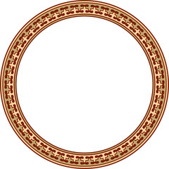 Vector red and gold round Kazakh national ornament. Ethnic pattern of the peoples of the Great Steppe, .Mongols, Kyrgyz, Kalmyks, Buryats. circle, frame border.