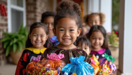 Group of happy African American kids in halloween costumes with gifts