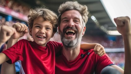 Excited father and son cheering at soccer match - obrazy, fototapety, plakaty