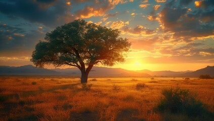 Solitary Tree in Expansive Field at Sunset