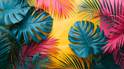 Fototapeta na wymiar A bright and colorful tropical background featuring vibrant handpainted palm leaves Generated Ai.