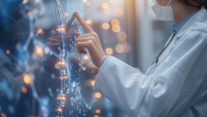Close-up of female scientist working with futuristic interface in laboratory.