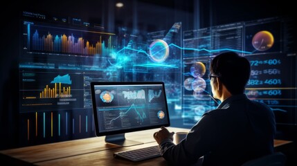 Digital transformation strategy: analyst working on business analytics and data management, creating report with kpis and metrics linked to database