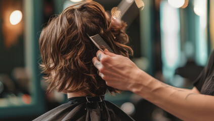 Hairdresser cutting hair of young woman in barbershop - obrazy, fototapety, plakaty