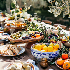 Rich Weddind table in the Mediterranean. Variety of fruits, olives, cheeses.