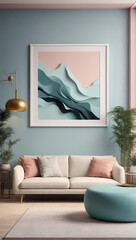 Frame mockup of ISO A paper size displaying a living room poster with an abstract wellness theme, contributing to a serene and modern interior design atmosphere in a 3D render.