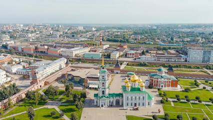 Tula, Russia. Tula Kremlin. Cathedral of the Assumption of the Blessed Virgin in the Tula Kremlin. General panorama of the city from the air, Aerial View