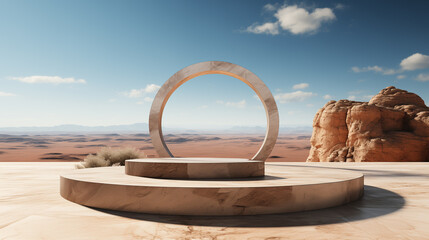 Flat stone podium in the desert against the backdrop of rocks and sky. Empty round stand. Mockup for product.