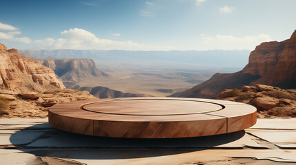 Flat stone podium in the desert against the backdrop of rocks and sky. Empty round stand. Mockup for product.