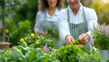 Close-up of senior couple working in the garden at summer day