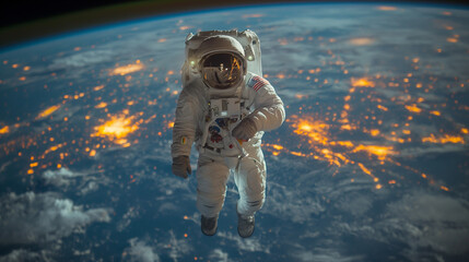 16:9 An astronaut is floating outside a space shuttle above Earth. - obrazy, fototapety, plakaty
