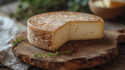 a piece of artisan cheese, capturing the porous texture and rich color