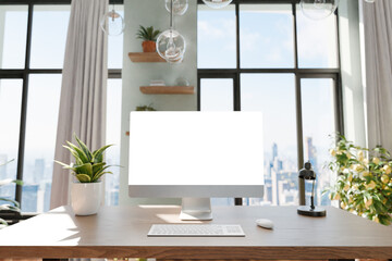 frontal view on modern clean pc workplace; white monitor with copy space; minimalist office background with panoramic view on idyllic garden; digital home office concept; 3D rendering