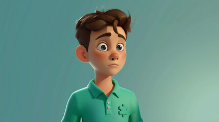 A charming and intelligent cartoon boy with a mischievous smile wearing a vibrant jade green polo...