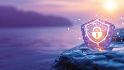 Cybersecurity shield and padlock icon illuminating a rocky shore at sunset - obrazy, fototapety, plakaty
