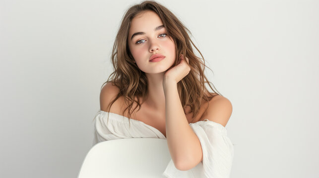 A beautiful young European woman with light skin sits on a white chair in a photo studio on a white background, focusing on the natural beauty of her face, Ai generated Images