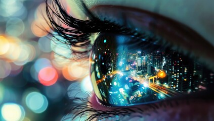 Close up of human eye with cityscape and bokeh background
