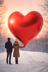 Young couple holding huge red Valentine heart in a snowy countryside. Concept of love, friendship, togetherness and happiness.