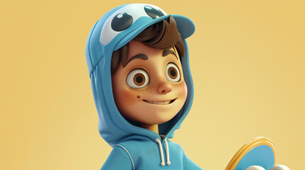 A cool, skateboard-loving cartoon boy with a 3D headshot illustration, sporting a sky blue hoodie. He exudes an effortless style, ready to hit the streets with his trusty skateboard. Perfect