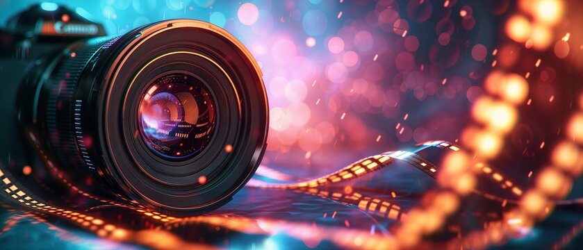 Camera lens against a blurred backdrop of film and colorful bokeh lights, AI-generated.