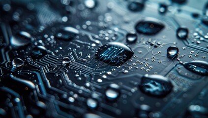 Close up of water droplets on electronic circuit board