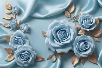Beautiful 3D background decorations in the form of light blue roses and a luxurious silk background print