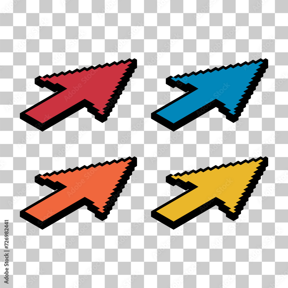 Poster set of arrow isometric pixel icon, web cursor click mouse symbol, vector illustration
