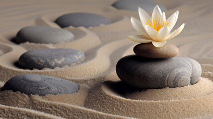 sand, lily and spa stones in zen garden. generative ai