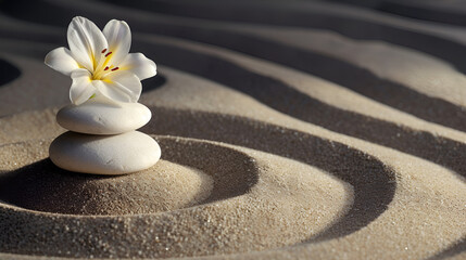 Fototapeta na wymiar sand, lily and spa stones in zen garden. generative ai