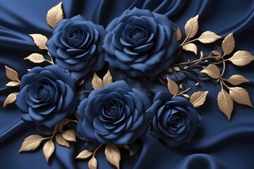 Beautiful 3D background decorations in the form of dark blue roses and a luxurious silk background print