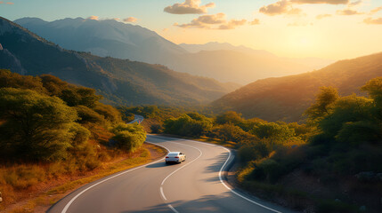 rental car in spain mountain landscape road at sunset. generative ai - obrazy, fototapety, plakaty