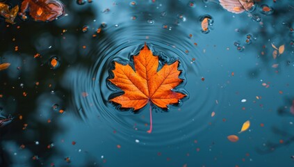 Vibrant orange maple leaf floating on rippled water surface