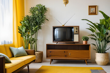 TV room from the 60s, plants, white curtains and yellow walls, retro television on furniture, high quality photo. Modern living room