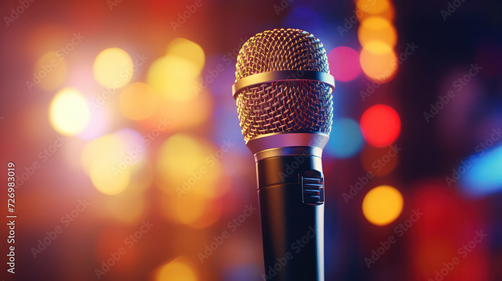 Aufkleber microphone head, with colorful bokeh background suggesting a live performance or event
