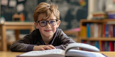 Smiling boy with glasses engaged in learning at a school library. candid child portrait with academic focus. educational imagery for diverse use. AI