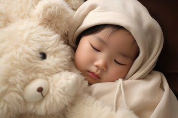 A serene toddler a sleep in a cozy setting, embodying innocence and comfort
