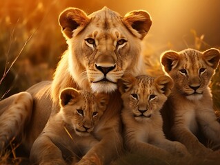 Lions family with cubs lying down in a grassy field in the jungle