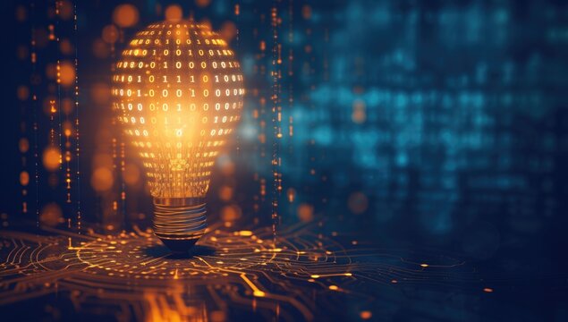 Illuminated Binary Code Light Bulb on Circuit Board
