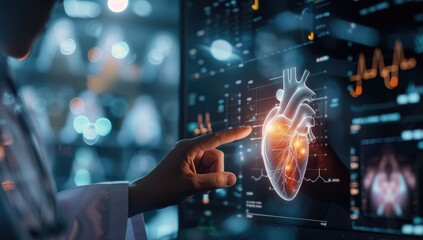 Female doctor interacting with virtual human heart