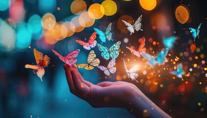 Woman releasing vibrant paper butterflies into night