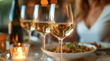 Obraz premium Two glasses of white wine on a table filled with plates of food. A couple are sitting at the table, smiling at each other.