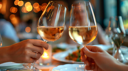 Two glasses of white wine on a table filled with plates of food. A couple are sitting at the table, smiling at each other.