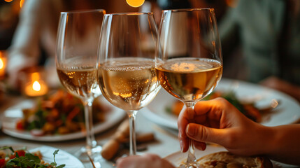 Obraz premium Two glasses of white wine on a table filled with plates of food. A couple are sitting at the table, smiling at each other.