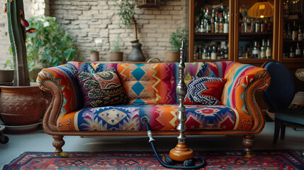 Sofa with pillow and hookah in interior. generative ai - obrazy, fototapety, plakaty