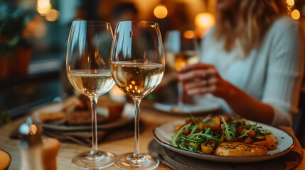 Two glasses of white wine on a table filled with plates of food. A couple are sitting at the table, smiling at each other.